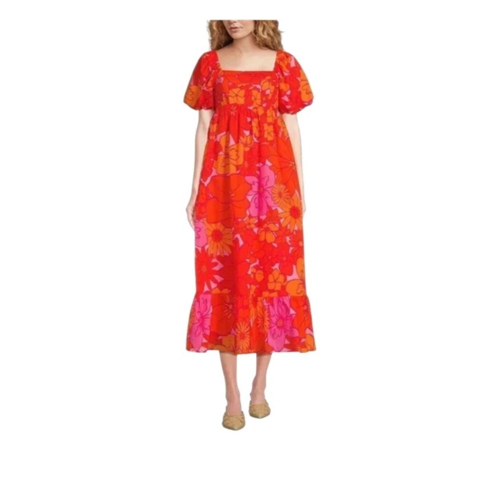 New J. Marie Lizzie Babydoll‎ Midi Dress Womens Large Orange Pink Cotton Travel
